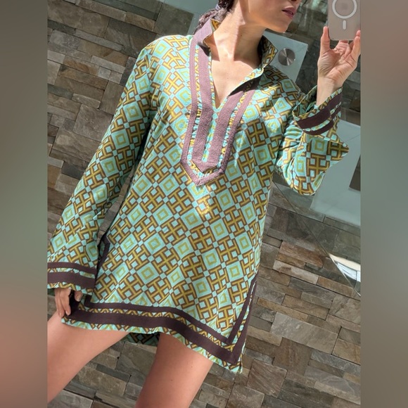Tory Burch Tory Tunic Cotton French Terry Top Brown Turquoise Medium - Picture 13 of 13